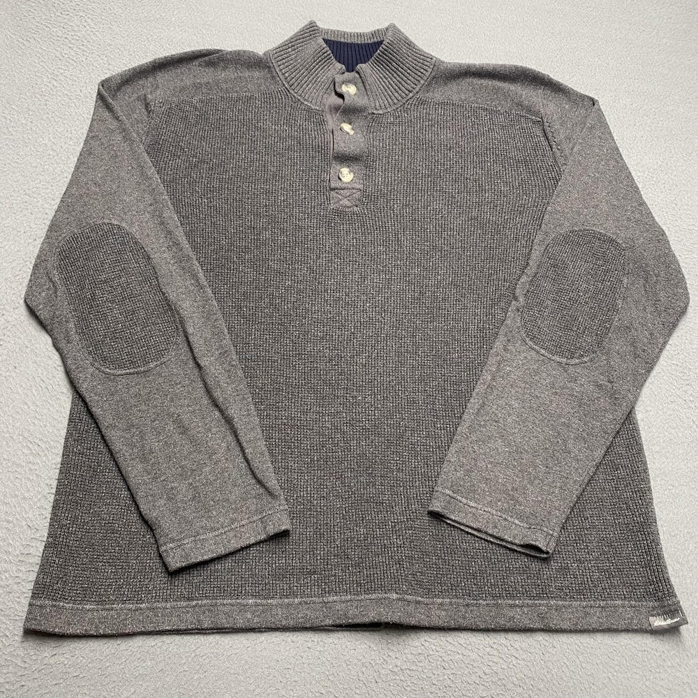 Eddie Bauer‎ Sweater Mens XL Gray Mock Neck Button Pullover Waffle-Knit